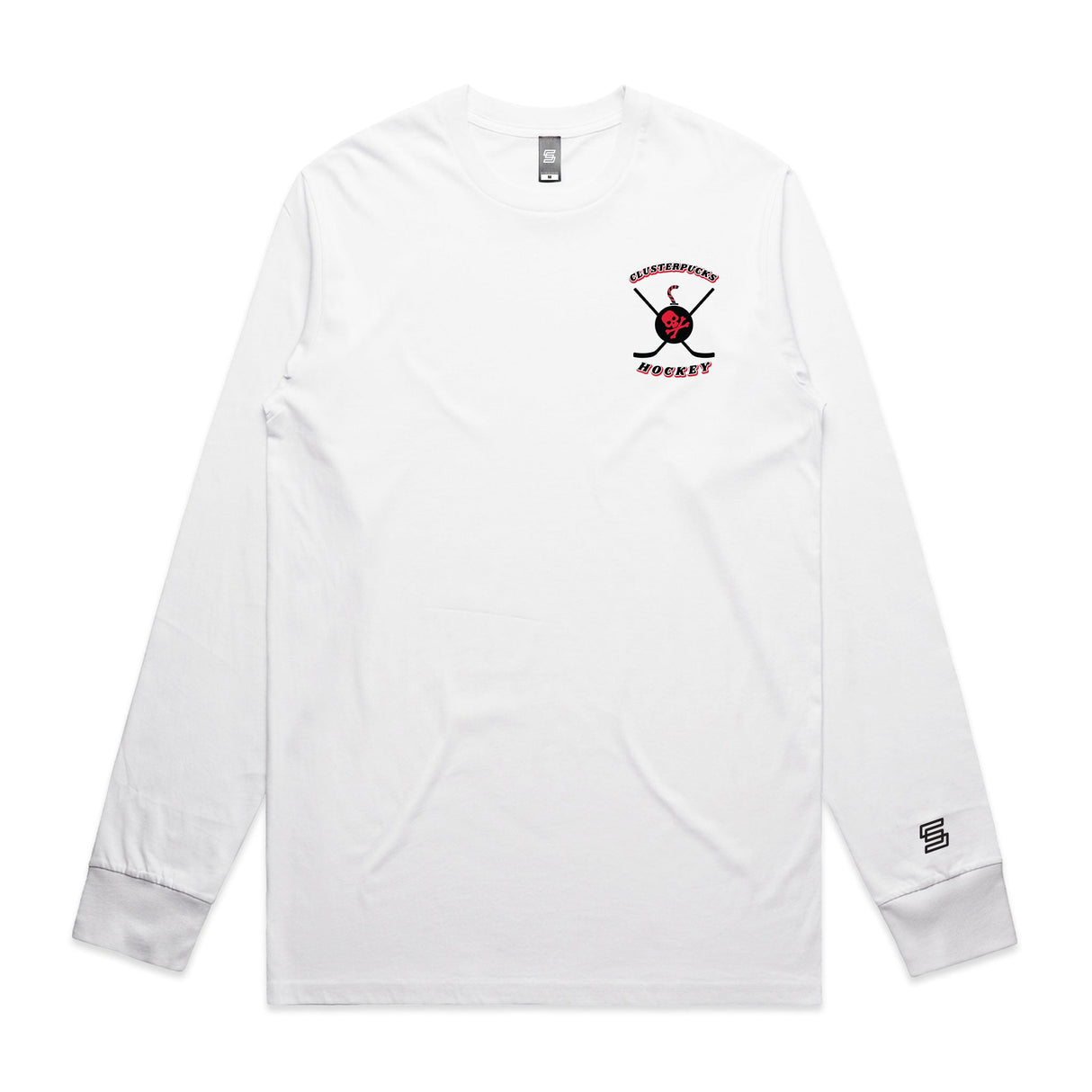 2-Clusterpucks Hockey  White Long Sleeve Tee